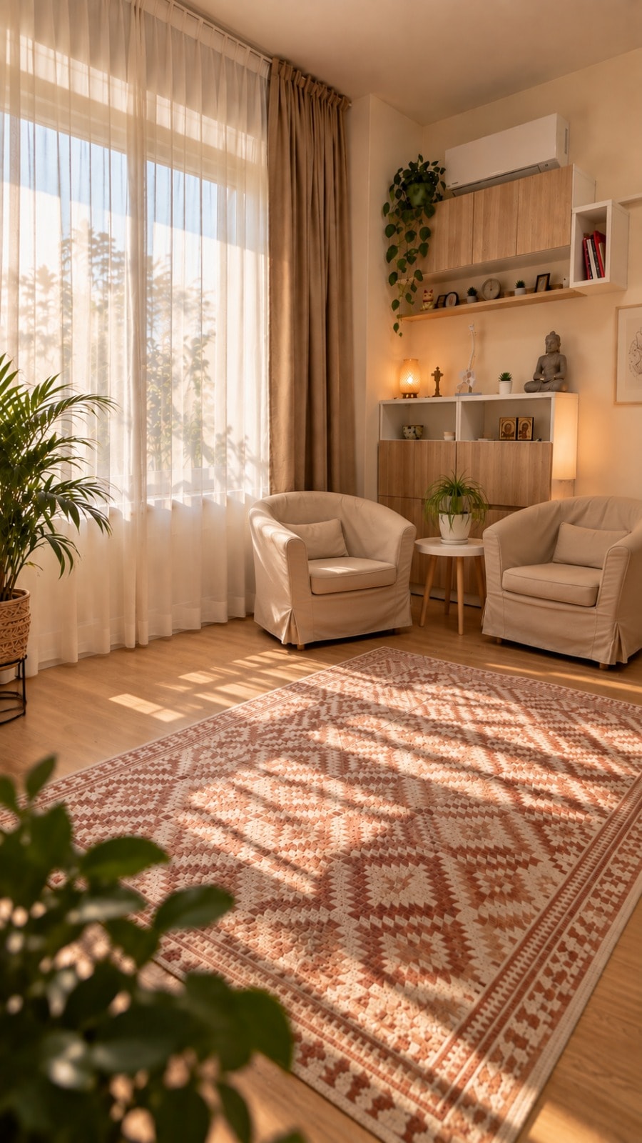 Colțul cu fotolii din spațiul Healing Vibes, cu un covor în lumina soarelui